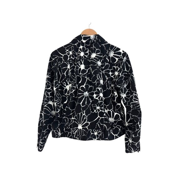 Chico's Size 1 = Medium/8 Black & White Floral Print Full Zip Jacket Top Cotton - Picture 5 of 8